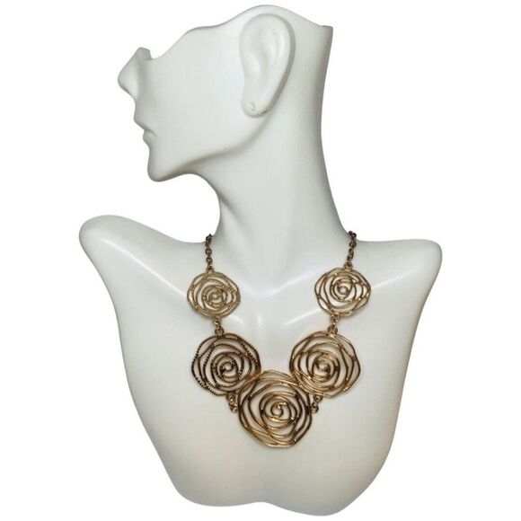 Gold Tone Swirl Rose Statement Pendant Chain Necklace And Bracelet Set 23” - Picture 2 of 12